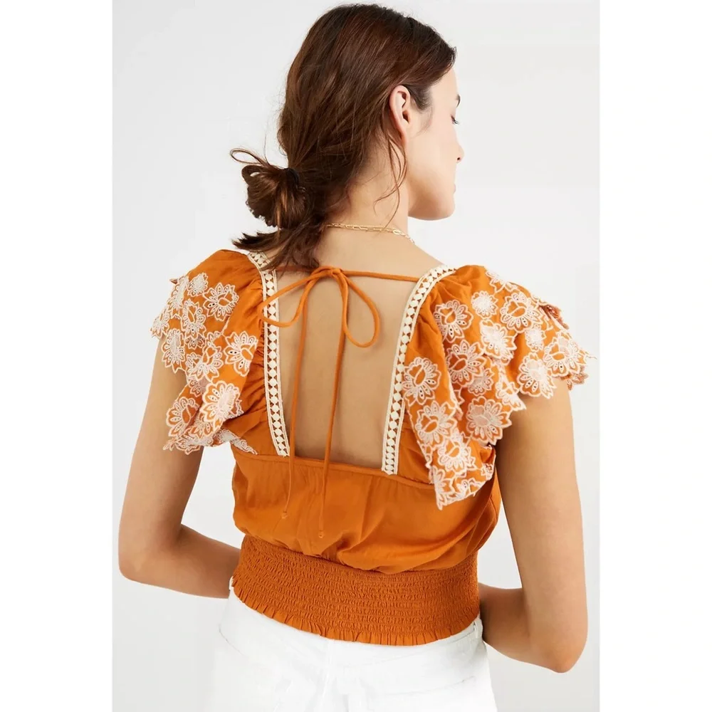 Anthropologie Embroidered Lace Blouse Dark Orange NWT Size XL - Picture 1 of 12